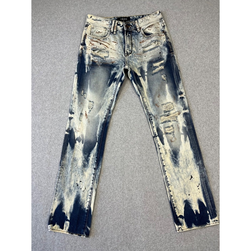 AKOO Jeans Mens 32x32 Blue Denim Big Oak Fit Slim Fit Distressed Paint Splatter